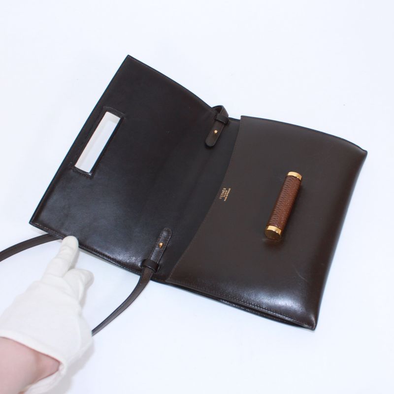 Hermes 2WAY Havana Clutch Bag Box Calf Brown Shoulder Bag Gold