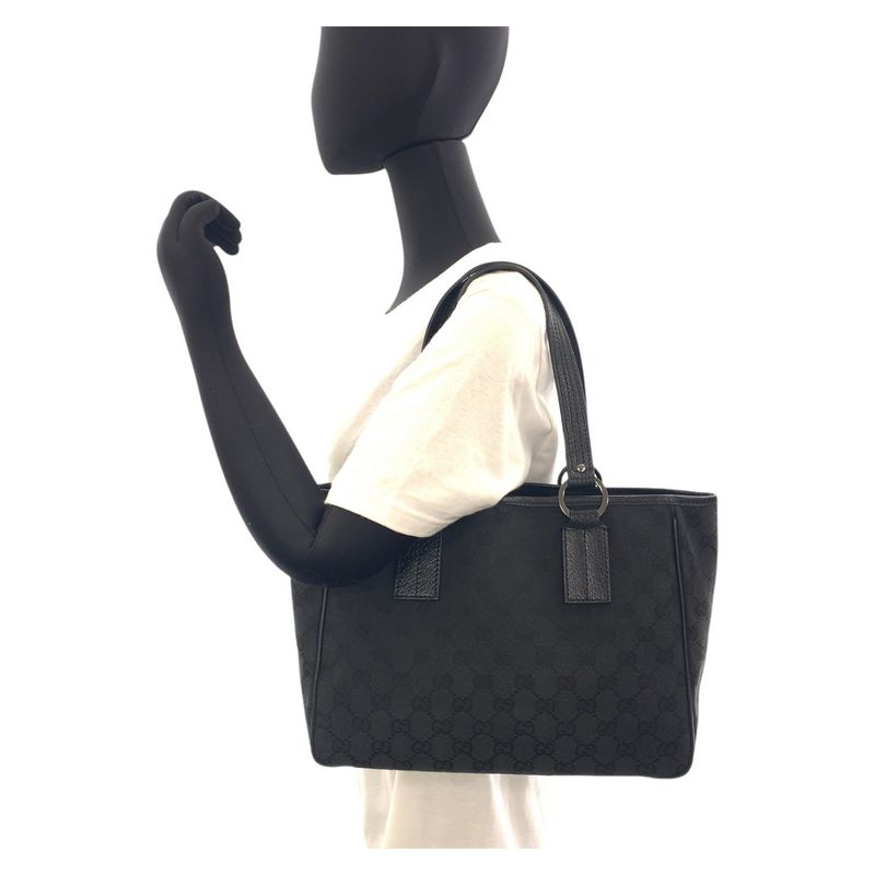 Gucci Black Silver Hardware GG Canvas/leather 113019 Tote Bag Shoulder Bag