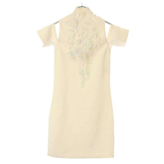 Chanel Coco Mark Button Lace Bijoux High Neck Knit Dress White 36