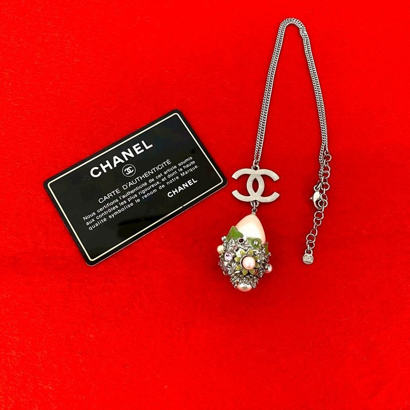 Chanel Coco Mark Metal Faux Pearl Chain Necklace Pendant Accessory 05P