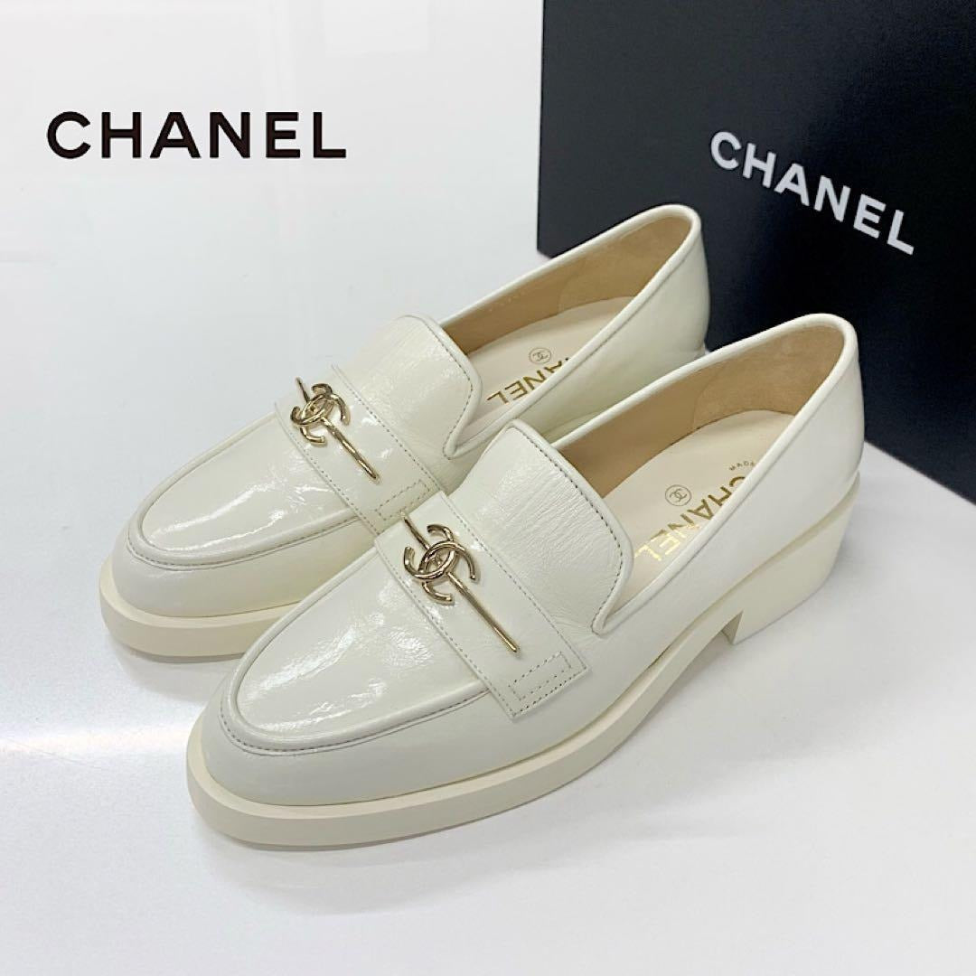 Chanel Coco Mark Leather Loafers White