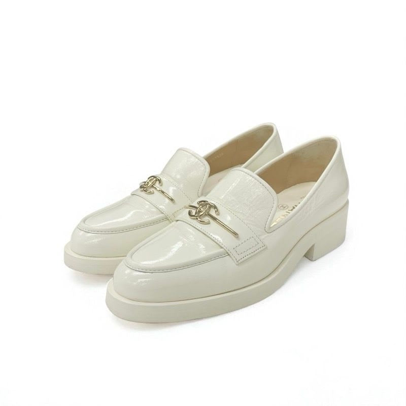 Chanel Loafer Leather Shoes White Gold Coco Mark
