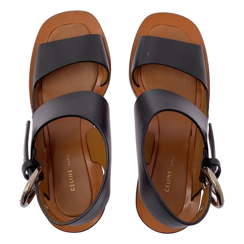 Celine Bambam Phoebe Leather Strap Metal Heel Sandals - 36 - Black Brown -
