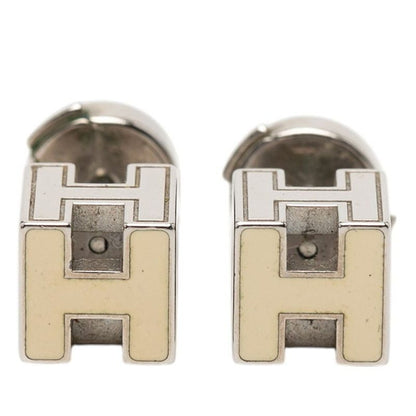 Hermes Cage de Ash Cube Earrings Silver Beige Metal Enamel