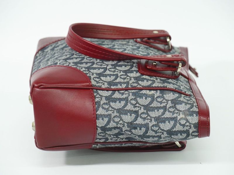 Authentic Christian DIOR Trotter Tote Handbag Canvas Leather Navy Bordeaux