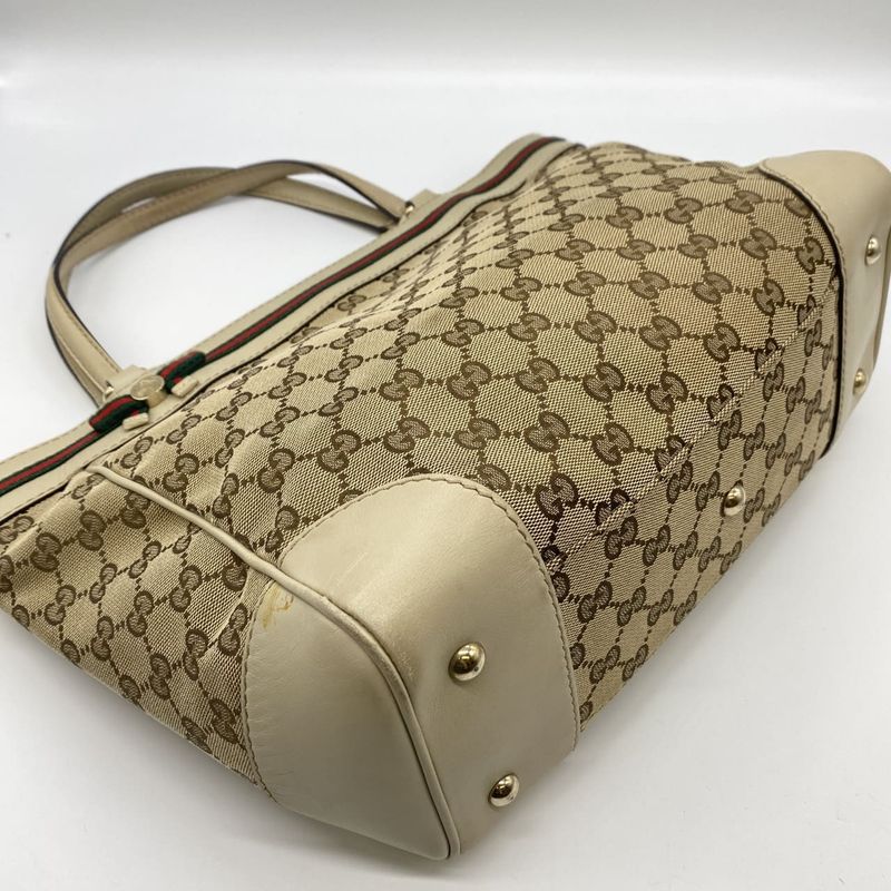 Gucci 257061 Tote Handbag GG Canvas Sherry Leather Beige Ladies Men Vintage