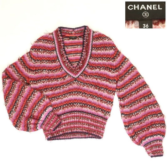 Chanel Border Knit Alpaca Silk V-neck Pink 36 Sweater