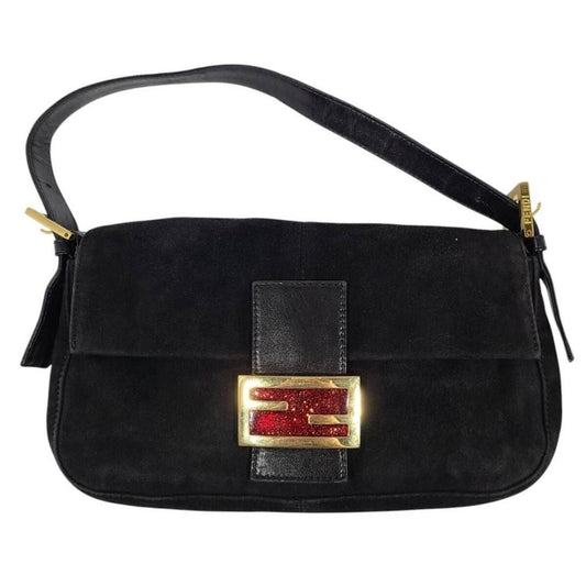 FENDI Mamma Zucca Bucket Baguette Shoulder Flap Bag Black Purse Tote
