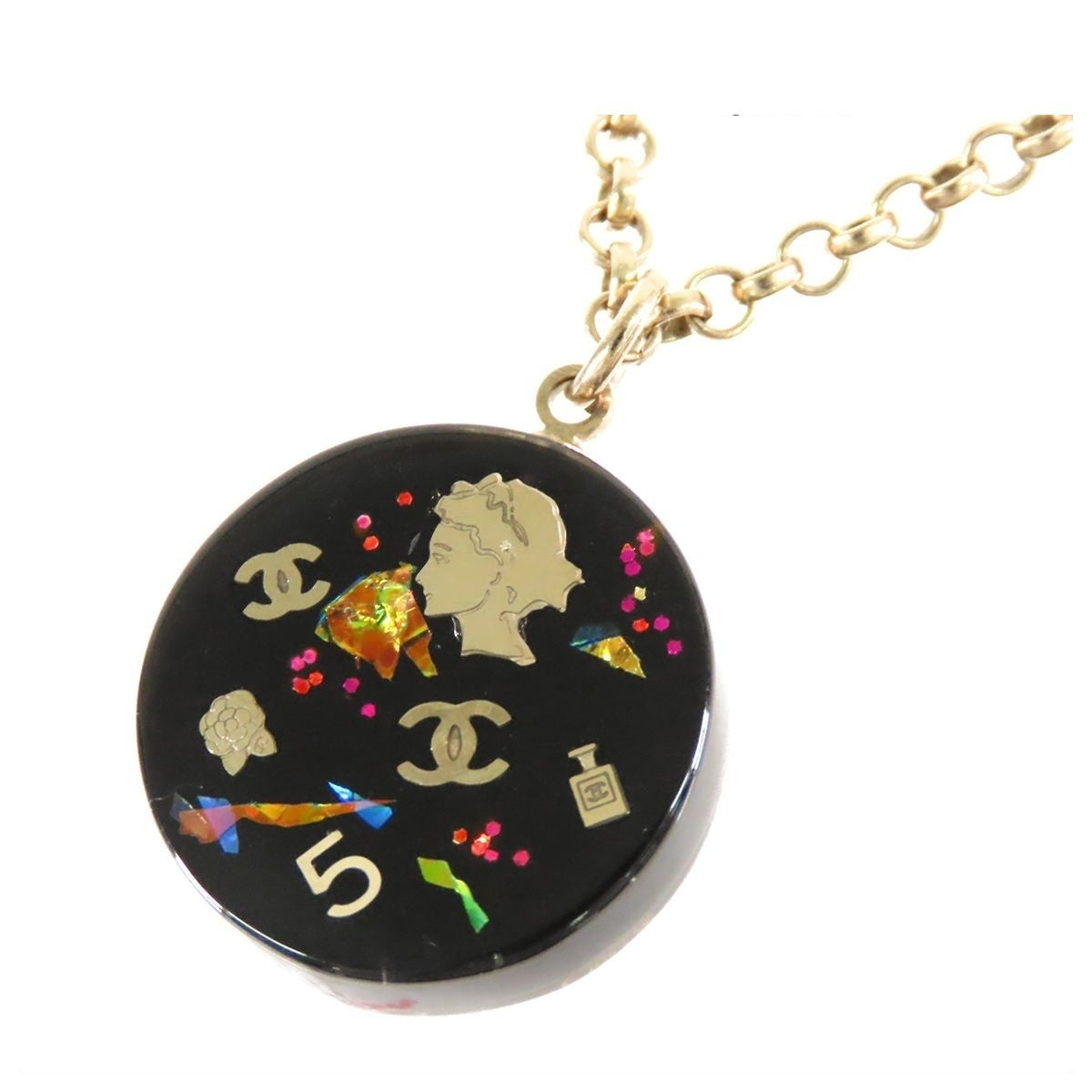 Chanel 06A CC Logo Icon Pendant Gold Black Metal Plastic Camellia Necklace