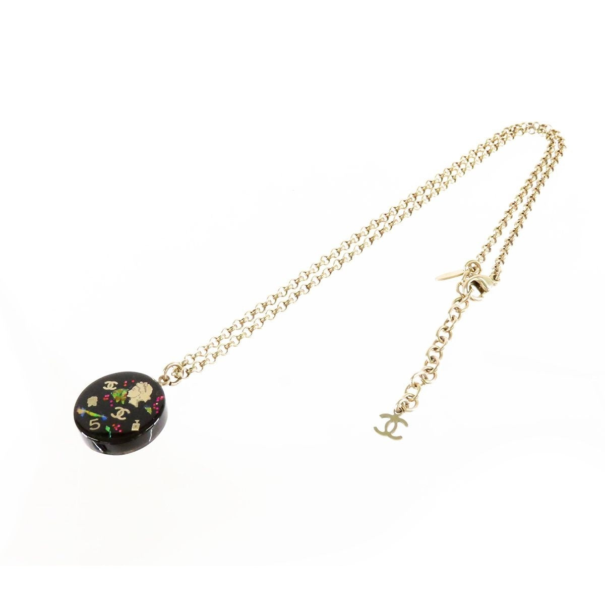 Chanel 06A CC Logo Icon Pendant Gold Black Metal Plastic Camellia Necklace — view 2