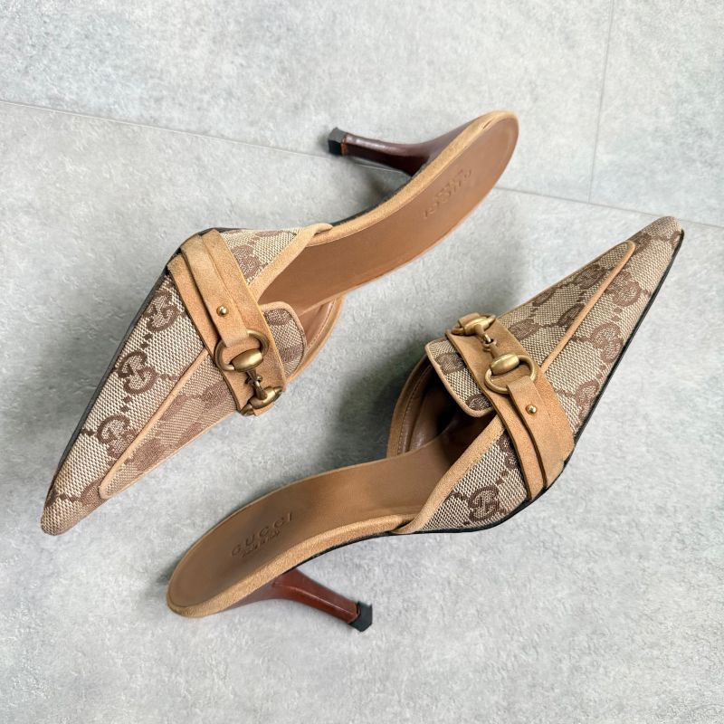 Gucci Horsebit Pumps GG Canvas Beige Gold Hardware 34 1 2 C Women's Shoes