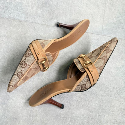Gucci Horsebit Pumps GG Canvas Beige Gold Hardware 34 1 2 C Women's Shoes