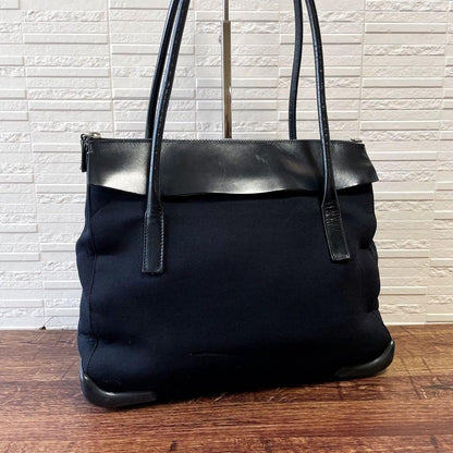 Prada Logo Cotton Leather Hand Shoulder Tote Black