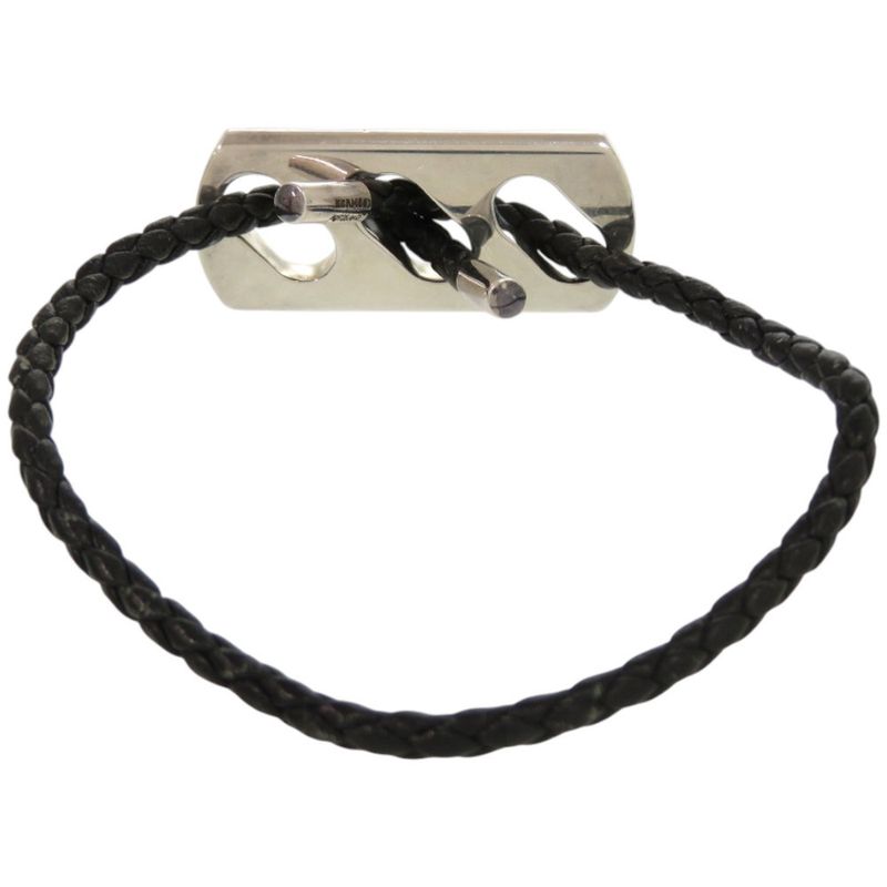 Hermes Leather Silver 925 Black Silver Hardware Black Bracelet 1124 Hermes