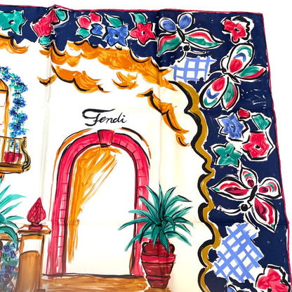 Fendi Scarf Large Silk Logo Floral Pattern With Box Multicolor