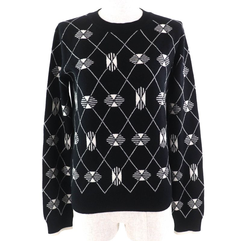 Hermes 22SS 100% Cashmere Argyle Pattern Long Sleeves Knit Sweater Black White