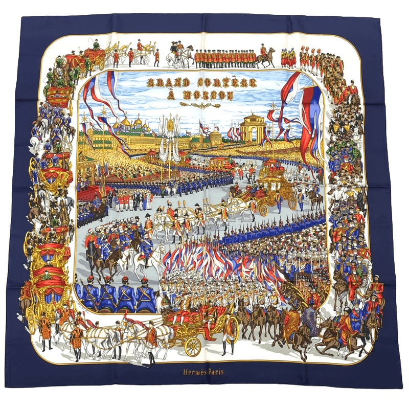 Hermes Carre 90 Grand Cortege A Moscou Moscow Grand March Red Scarf 100% Silk