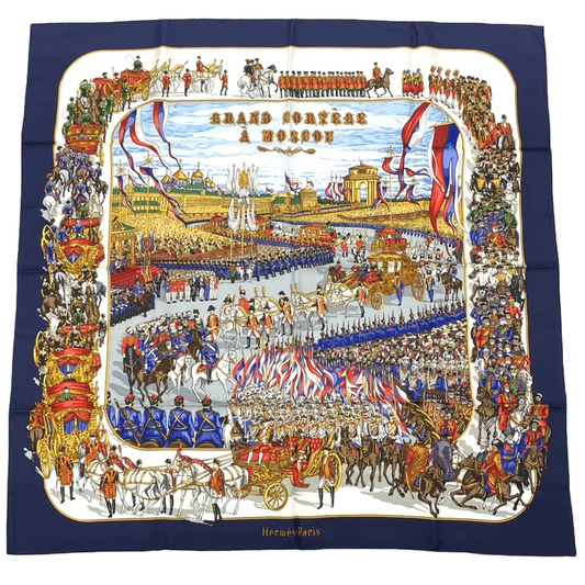 Hermes Carre 90 Grand Cortege A Moscou Moscow Grand March Red Scarf 100% Silk