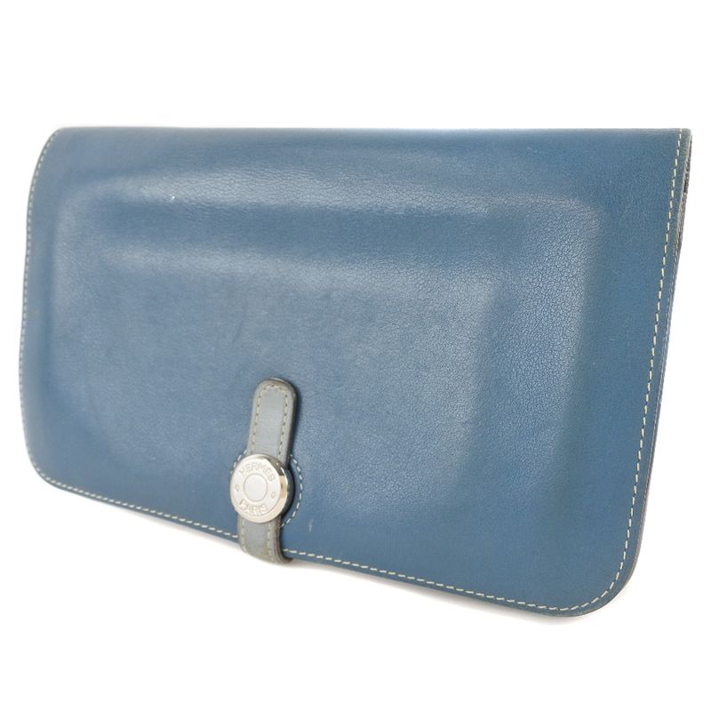 Hermes Dogon Calf Blue □R Unisex Long Wallet