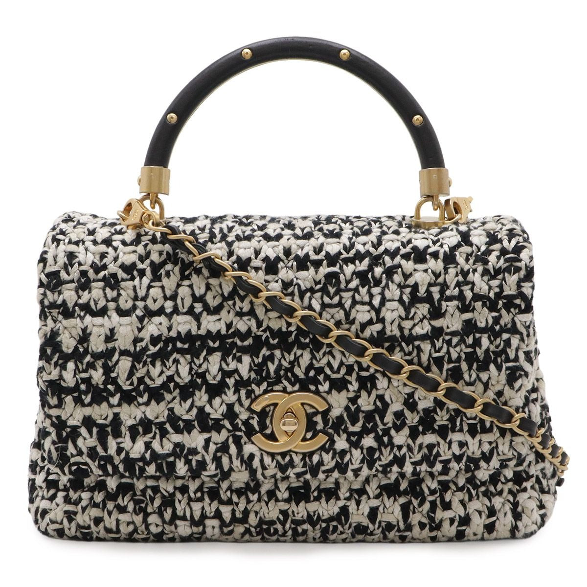 Chanel Coco Handle 29 S Top Handbag 2-Way Chain Shoulder Tweed Black White Gold