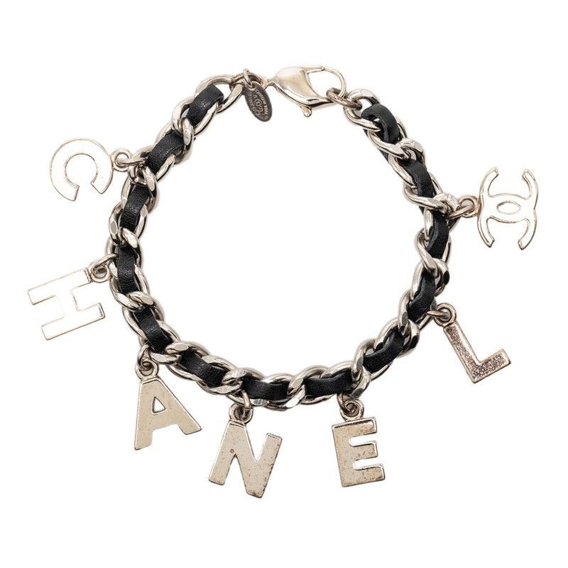 Chanel CC Logo Bracelet Silver Black Metal Leather