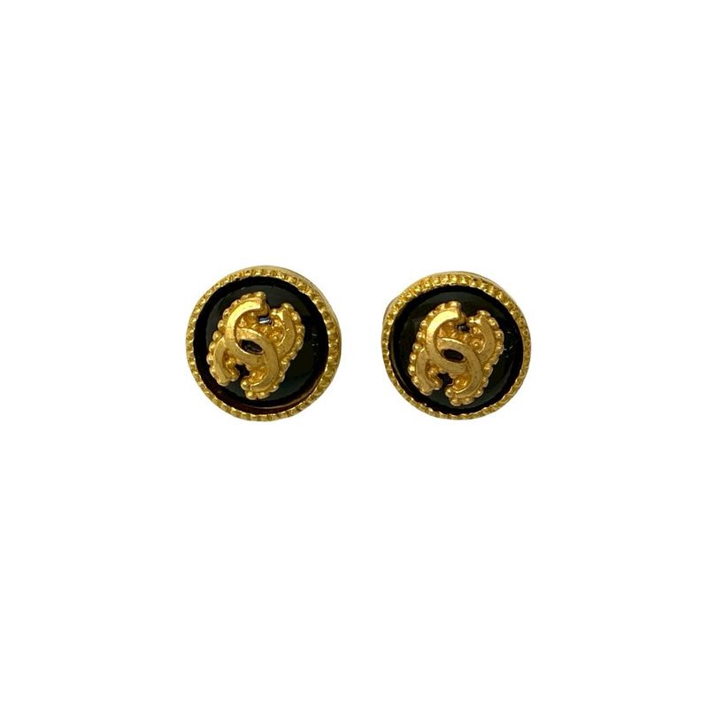 Chanel Vintage Coco Mark Earrings Ear Cuff Accessory Gold Black 96A