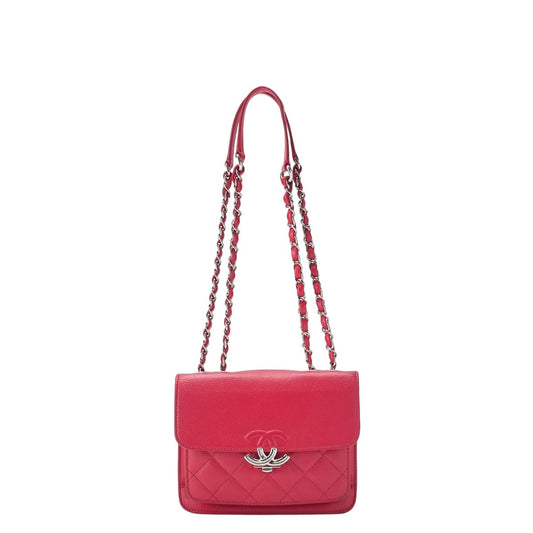Chanel Quilted Coco Push Lock Chain Shoulder Caviar Leather Red