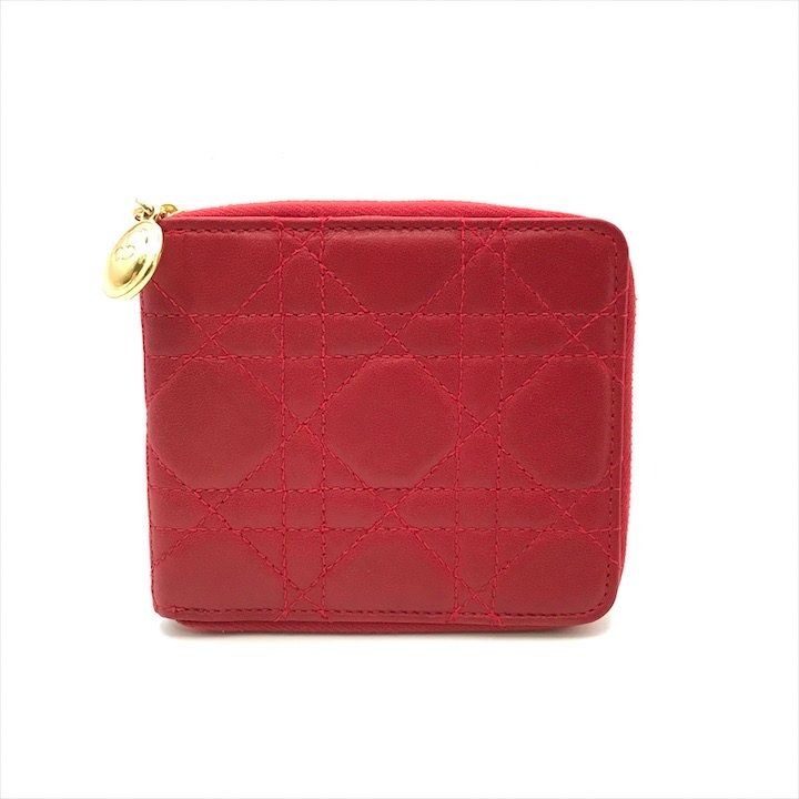 Dior Lady Cage Leather Bifold Round Compact Wallet Red