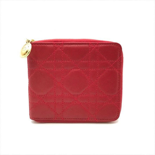 Dior Lady Cage Leather Bifold Round Compact Wallet Red
