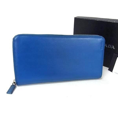 Prada Wallet Saffiano 2 Ml220 Blue Leather Round Zipper Long