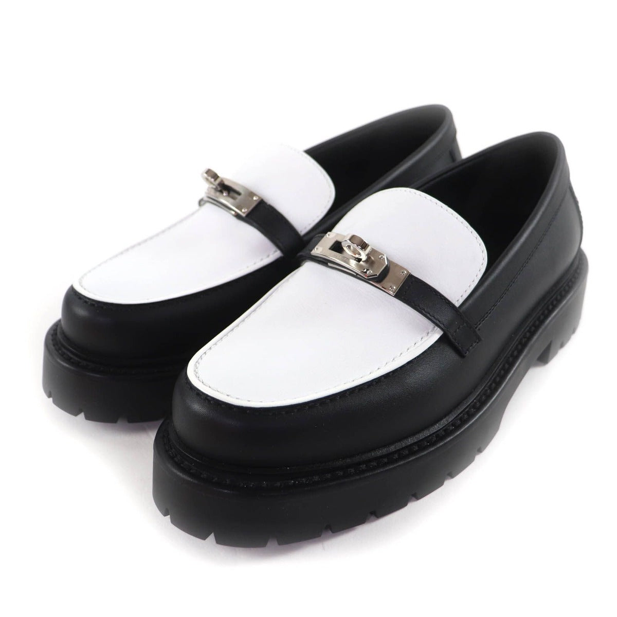 Hermes Moccasins Icon Kelly Buckle Leather Loafers Black White 37.5