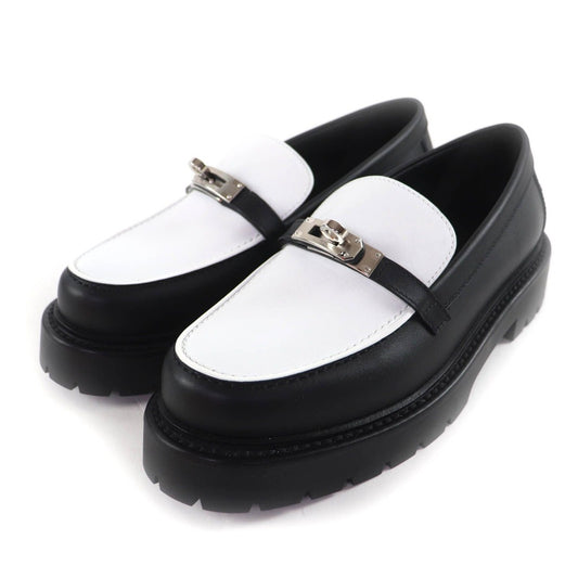 Hermes Moccasins Icon Kelly Buckle Leather Loafers Black White 37.5