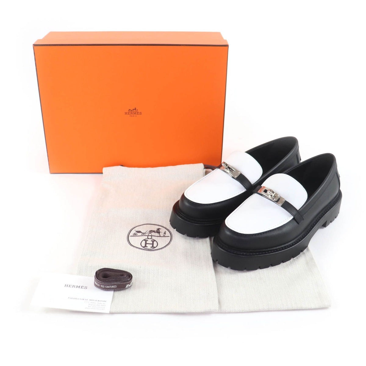 Hermes Moccasins Icon Kelly Buckle Leather Loafers Black White 37.5 — view 2
