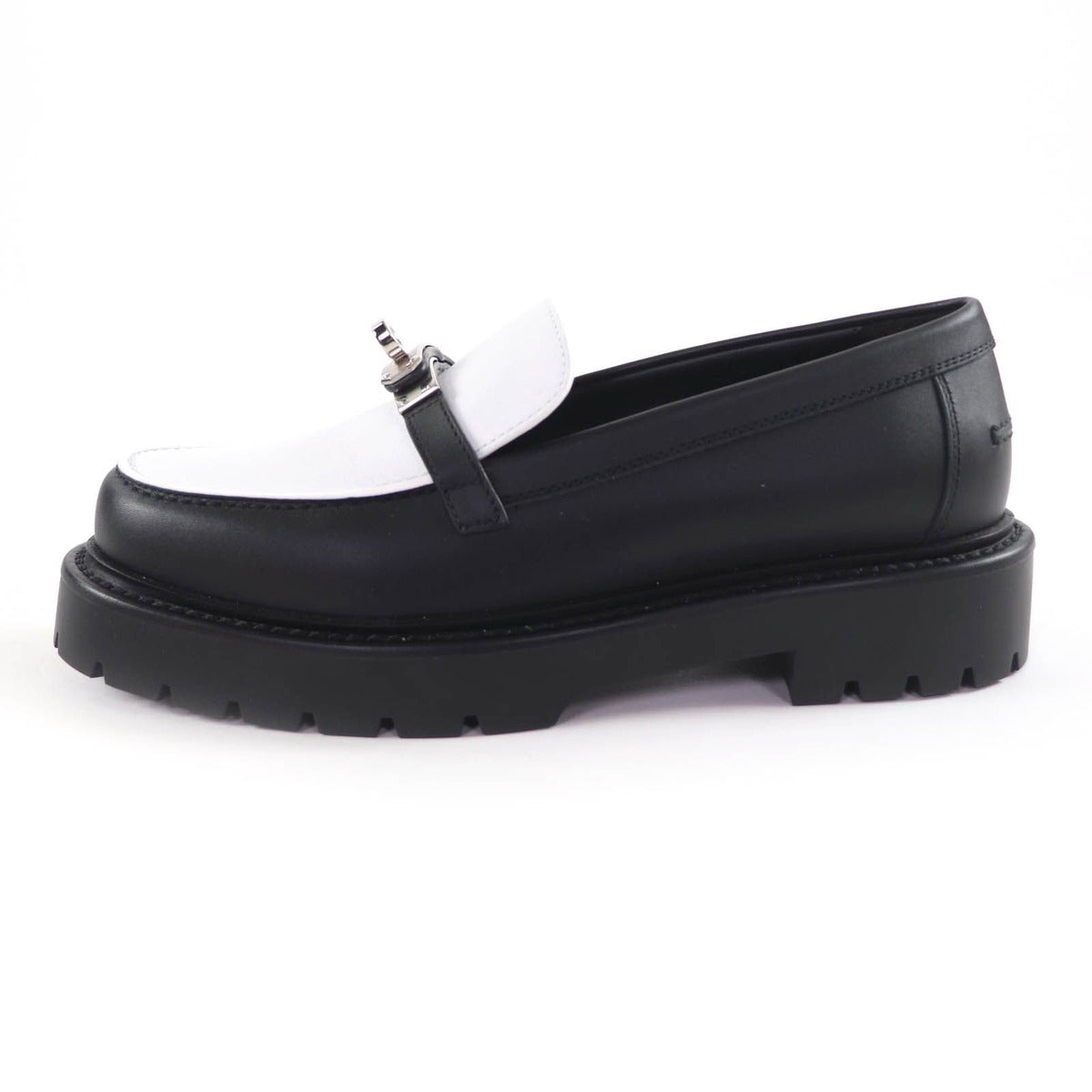 Hermes Moccasins Icon Kelly Buckle Leather Loafers Black White 37.5 — view 5