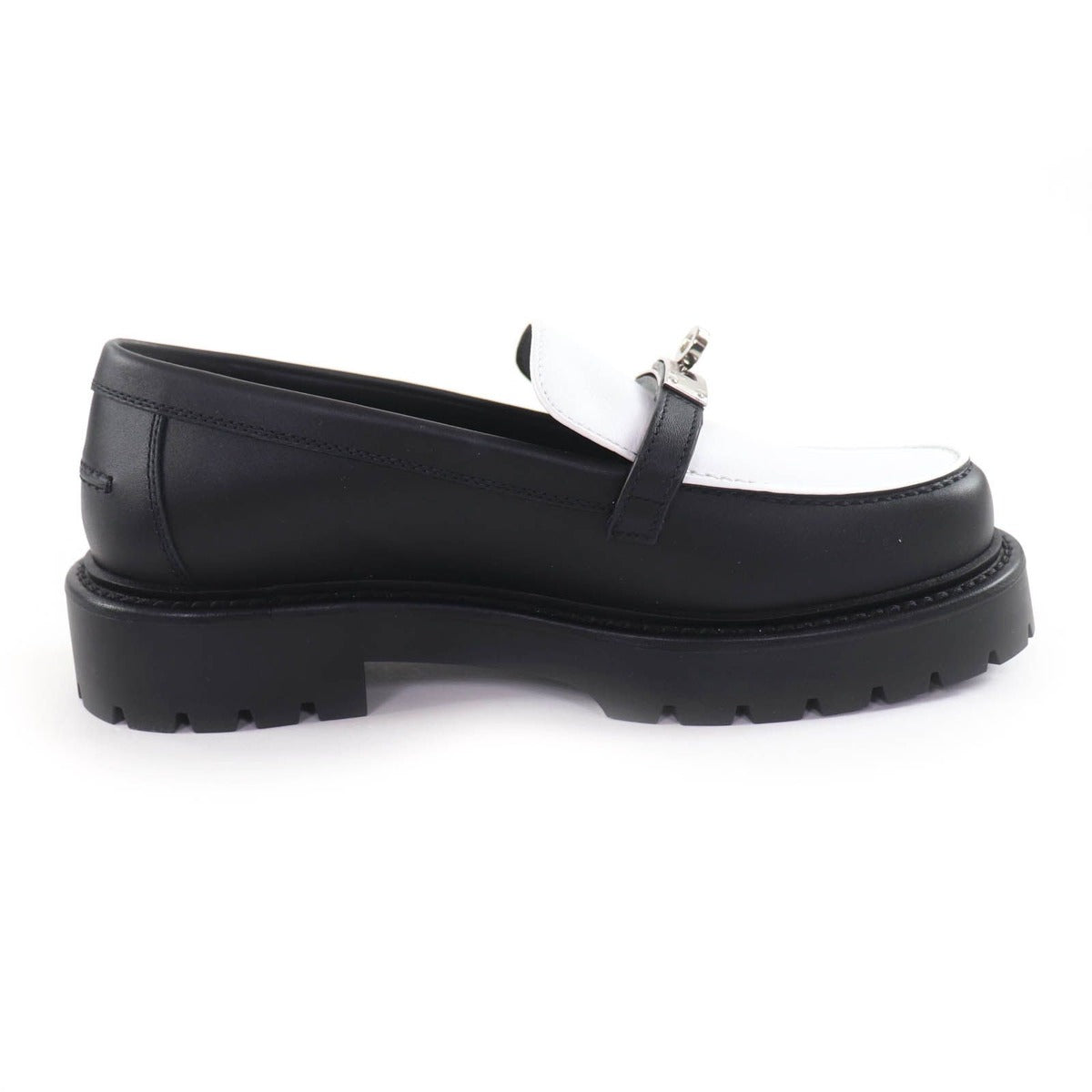 Hermes Moccasins Icon Kelly Buckle Leather Loafers Black White 37.5 — view 6
