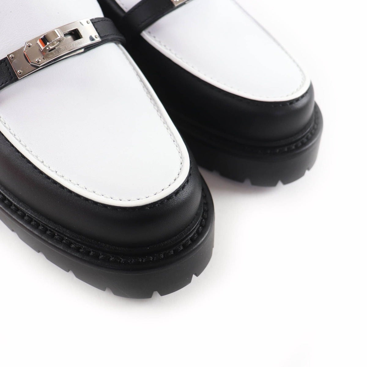 Hermes Moccasins Icon Kelly Buckle Leather Loafers Black White 37.5 — view 8