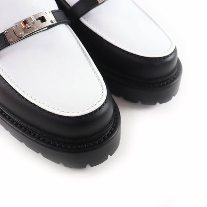 Hermes Moccasins Icon Kelly Buckle Leather Loafers Black White 37.5 — view 8