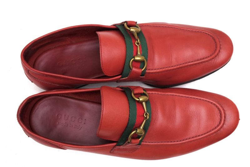 Gucci Bit Loafers Shoes Men Leather Genuine Leather Red 105857 Sherry Line