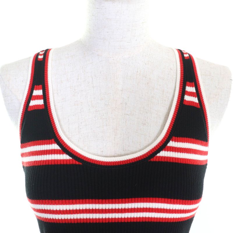 CHANEL P77660 Cotton Cashmere Coco Mark Part Striped Ribbed Tank Top Sleeveless