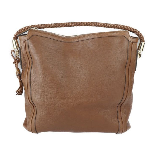 Gucci Shoulder Bag Leather Brownish Gold Hardware Bamboo Braided One
