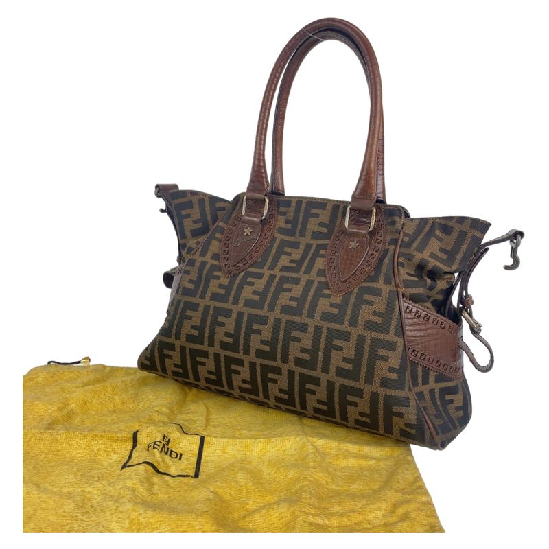 Fendi Zucca Pattern Etnico Brown Canvas/leather Shoulder Bag Handbag Tote Bag
