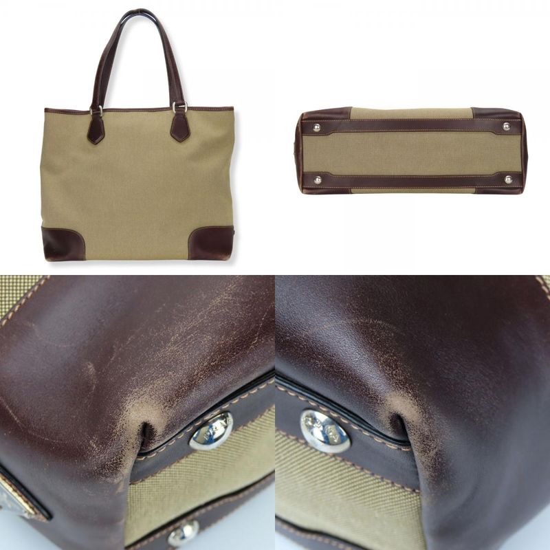 Prada Tote Canvas Leather Beige Brown Silver Hardware Logo Shoulder Casual