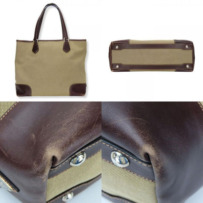 Prada Tote Canvas Leather Beige Brown Silver Hardware Logo Shoulder Casual
