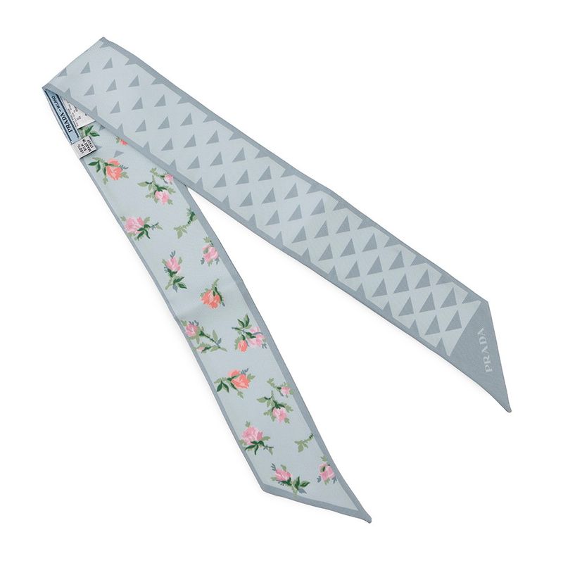 Prada Scarf Printed Silk Twill Nice Calf Flower Light Blue
