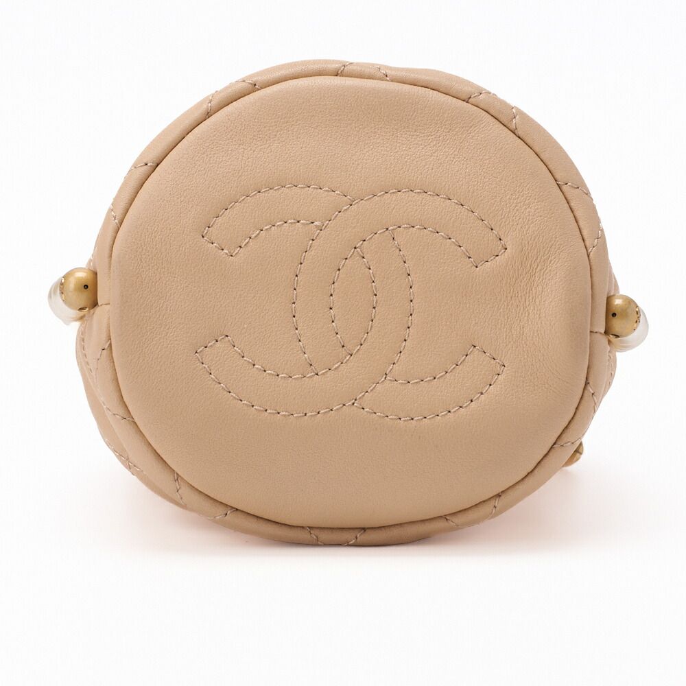 Chanel Matelasse Pearl Drawstring Chain Shoulder Lamb Skin Beige With Gold