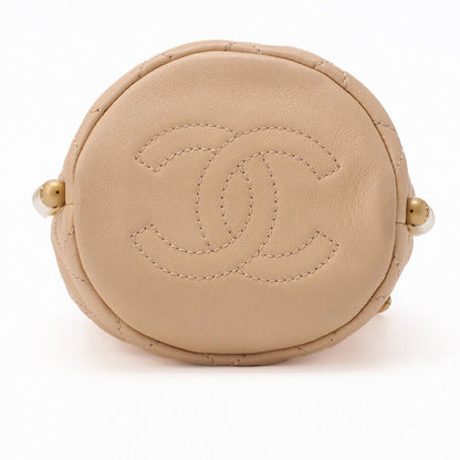Chanel Matelasse Pearl Drawstring Chain Shoulder Lamb Skin Beige With Gold