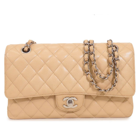 Chanel Chain Beige Silver Caviar Leather Quilted 25 Double Flap Shoulder Bag
