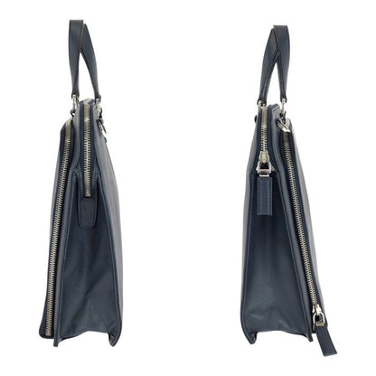 Prada Saffiano Triangle Logo Plate Navy Silver Hardware Leather Business Bag