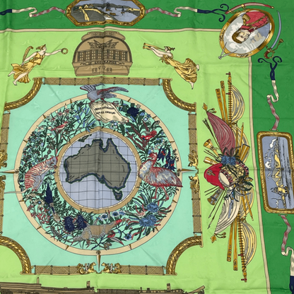Hermes Carre 90 LE Geographe Geographer Green And Multicolor 100% Silk