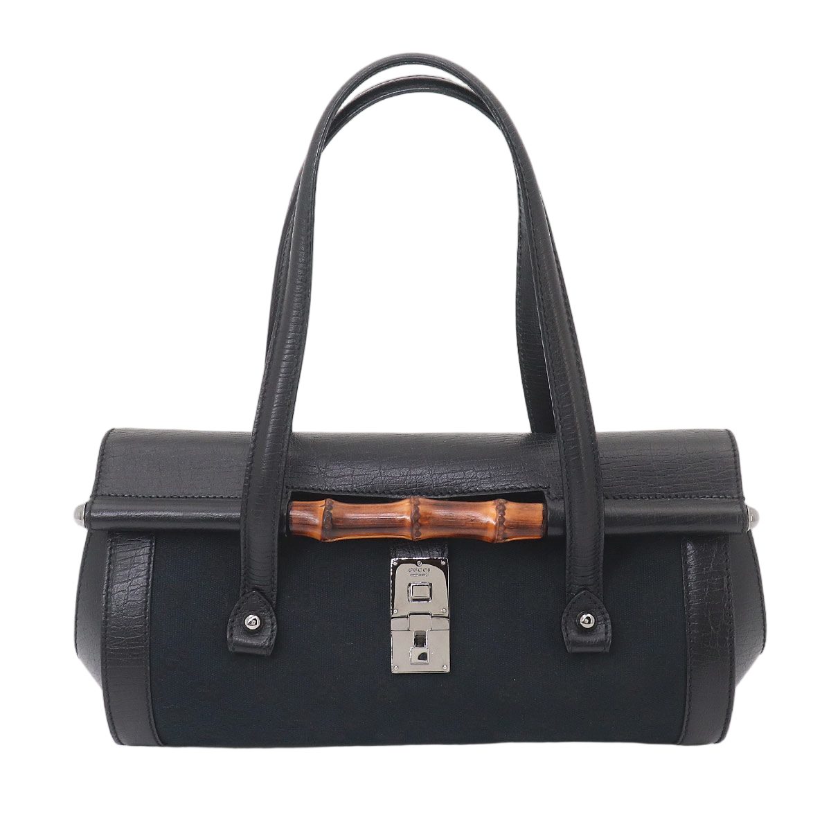 Gucci Banboo Hand Bag GG Canvas Leather Black Silver